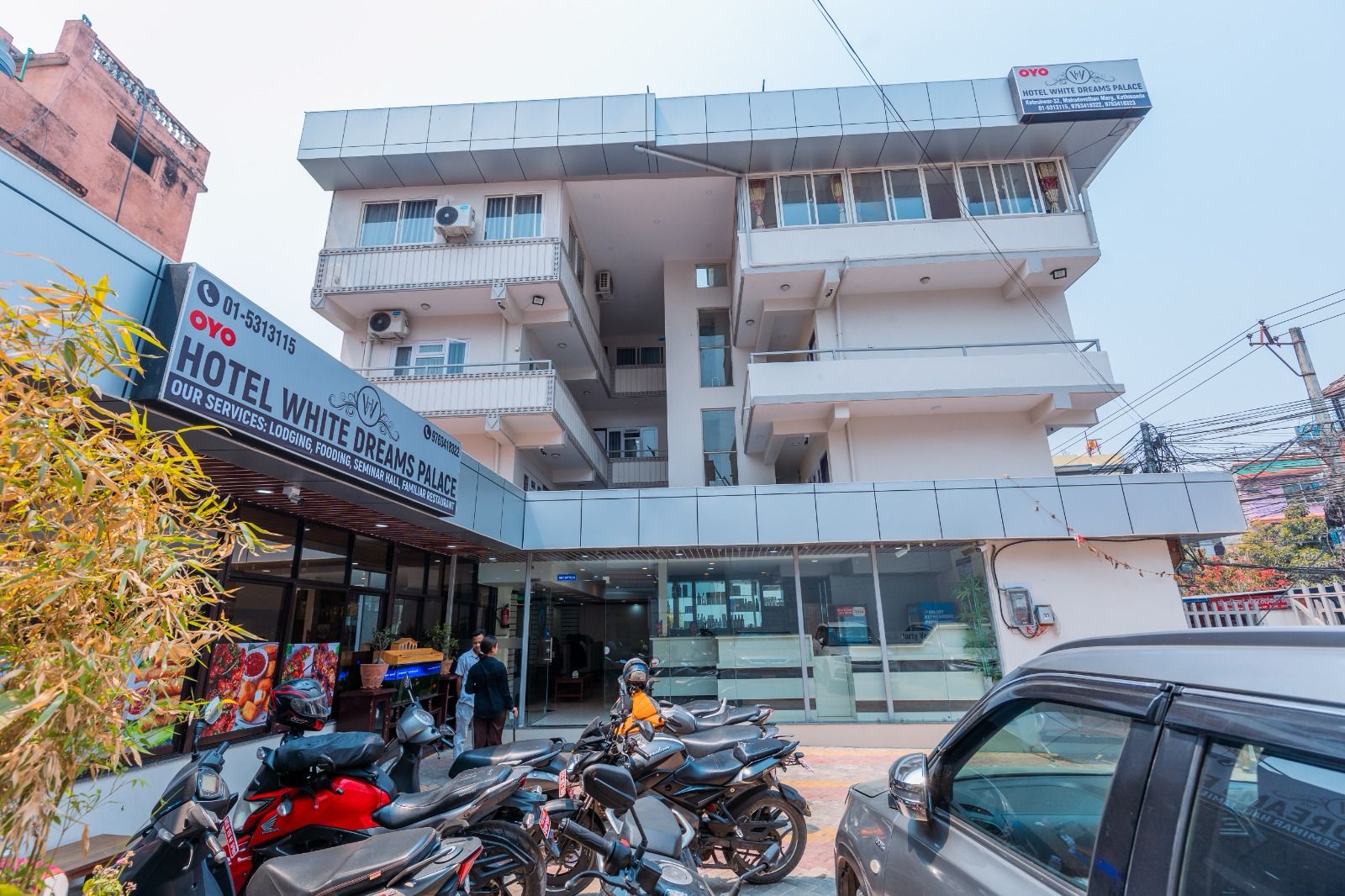 Free parking area side view at Hotel White Dreams Kathmandu - secure parking for guests